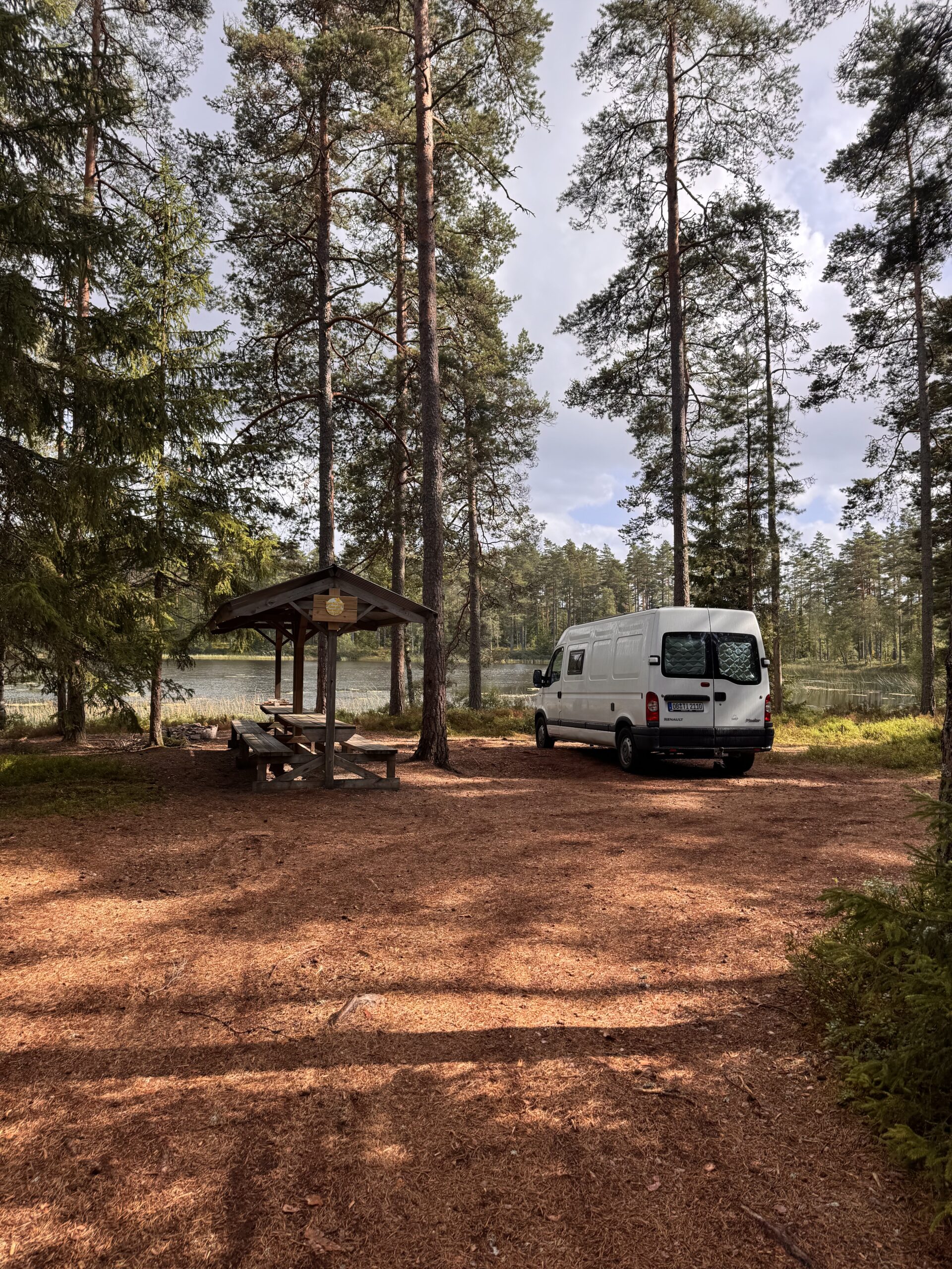 Camper-Van an einem Rastplatz im Wald, daneben ein Picknicktisch